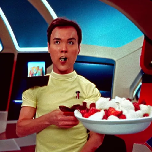 Image similar to Wesley Crusher from the USS Enterprise eating a strawberry icecream in the holodeck, set photo, candid, film grain