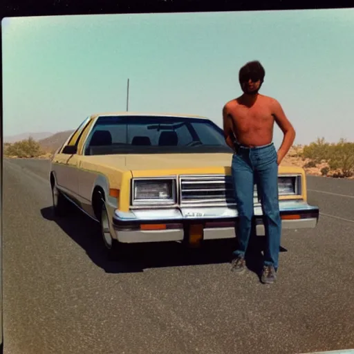 Prompt: 1981 Polaroid Photo of a man kneeling against his 1978 ford mercury on a desert road in California