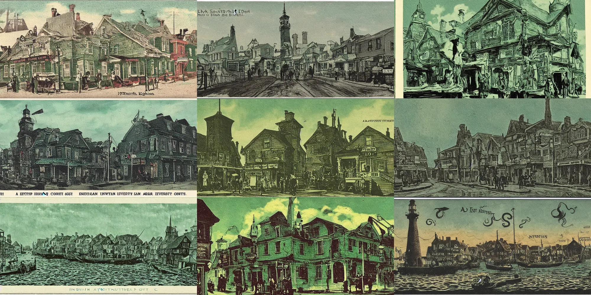 Prompt: a vintage postcard of innsmouth 1 9 century, lovecraft, green and dark, evil, tentacles