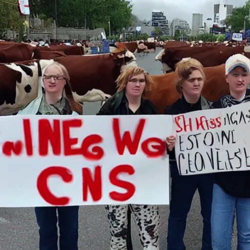 Image similar to cows protesting, holding op signs