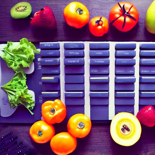 Image similar to film still of fresh fruits and vegetables making beats on fl studio