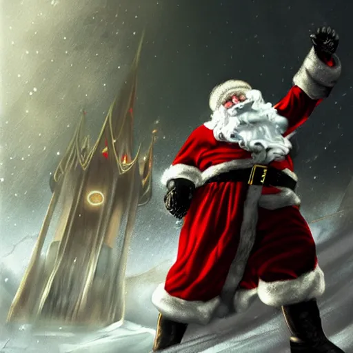 Image similar to Santa Claus fighting against sauron in lord of the rings, digital art, grim atmosphere