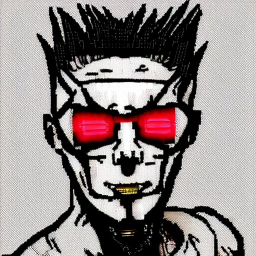 Image similar to neonpunk anarchist with mohawk and cyber implants on face, fuming, angry, grinning, pixel art