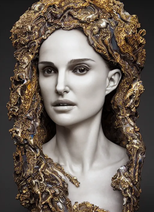 Image similar to marble sculpture of natalie portman, oil slick, palladium veins, dripping, mandelbulb, hypercube, ferrofluid, ivory carving, fractal paisley inlay, lace, intricate, elegant, highly detailed, gold inlay, metallic, ivory, artgerm, lace, by ruan jia, greg rutkowski, mucha, zbrush, nick alm