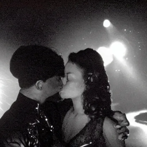 Image similar to a night - vision photo of prince kissing a woman in low light. it's so dark, you can barely make out their features.