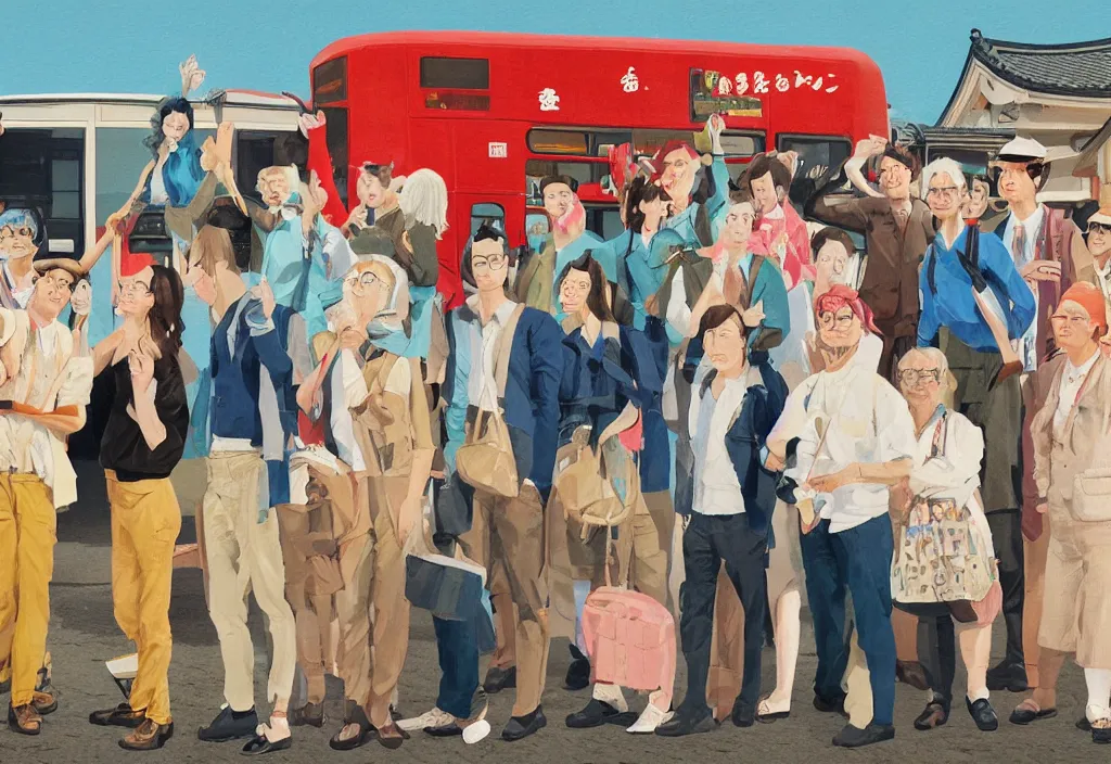 Image similar to full body portrait of a group, a row of a several european tourists getting off a tour bus, standing with a variety of poses and props, several character designs, sightseeing in rural japan, a detailed painting, in the style of wes anderson, lola dupre, david hockney, isolated on negative white space background dark monochrome neon spraypaint accents volumetric octane render