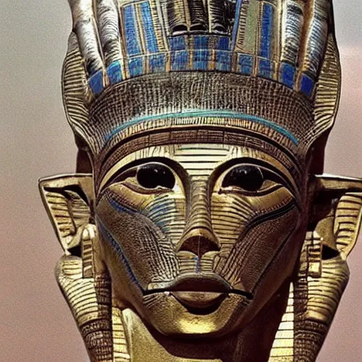 Prompt: the annunaki have returned to egypt wearing space suits that look like egyptian pharoah head - dresses and breathing hoses that look like elephant trunks - alien - looking, cyborg, detailed, photo - realism