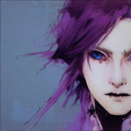 Prompt: purple - haired small beautiful woman with blue eyes, yoji shinkawa