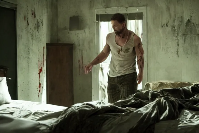 Prompt: film still of Tom Hardy as Max Payne in bedroom with a bed with bloody sheets in the Max Payne movie, 4k