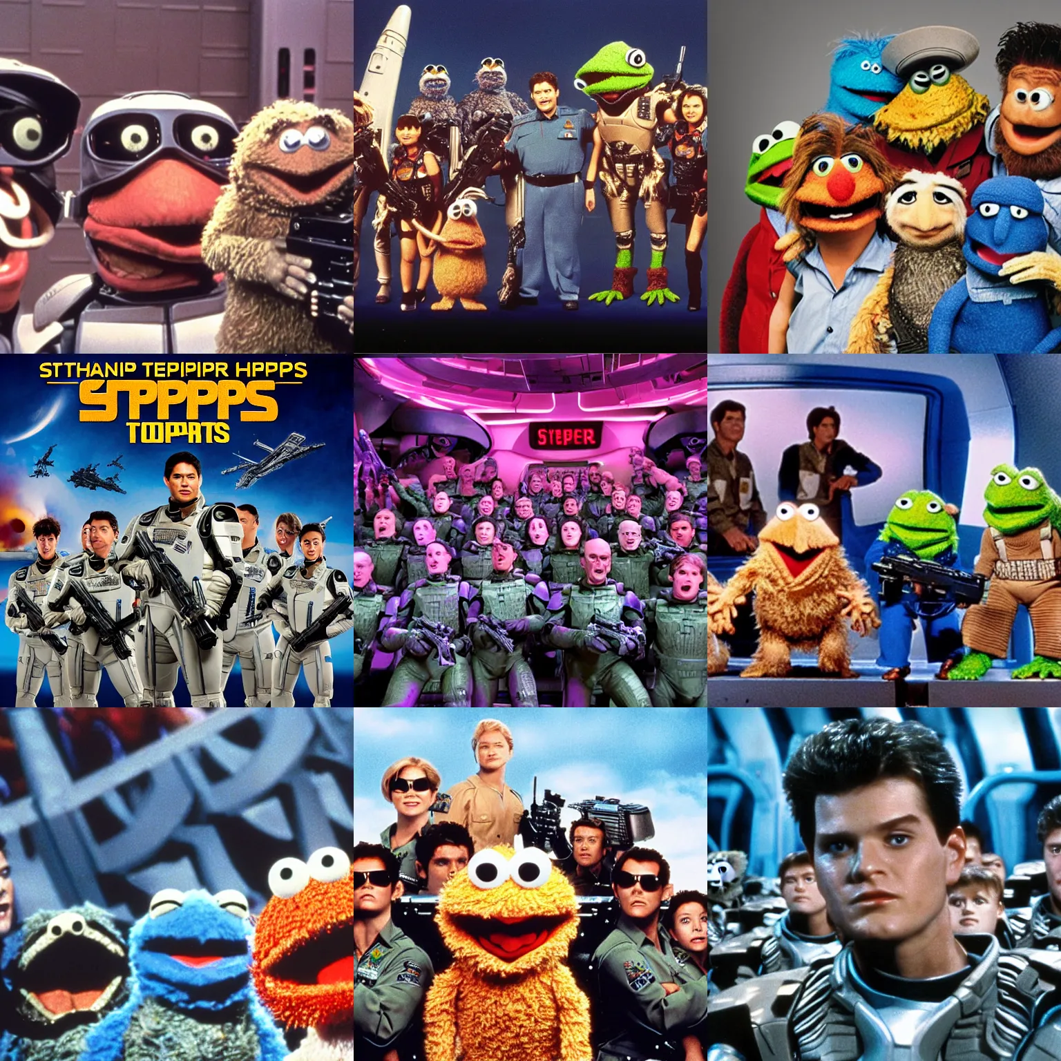 Prompt: starship troopers with muppets, imax, 7 0 mm