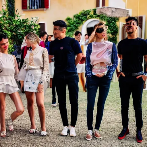 Prompt: a group of people are dressed in similiar fashion in an outdoor party in italy, wide lens shot, 3 0 mm, f 2. 8, concept party, themed object, high quality hd 8 k flash photography