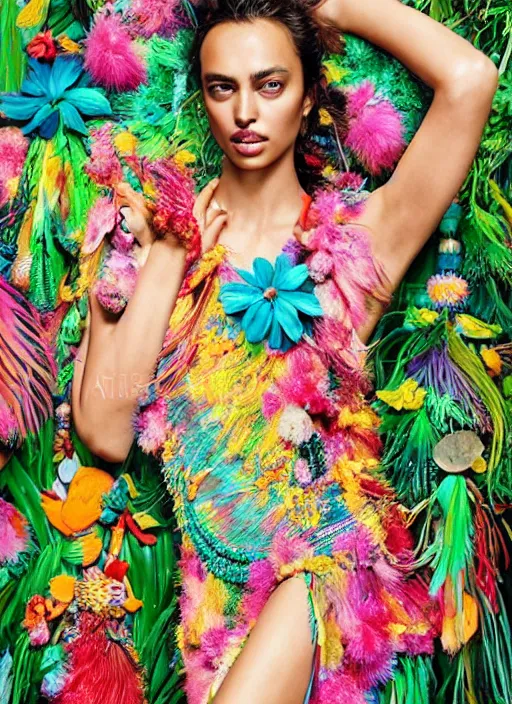 Image similar to beautiful portrait of Irina Shayk wearing fantastic Hand-dyed cotton dress,embellished beaded feather decorative fringe knots ,colorful pigtail,subtropical flowers and plants,dramatic lighting,symmetrical face,intricate,elegant,highly detailed,8k,post-processing,digital painting,trending on artstation, GUCCI,PRADA,concept art, sharp focus, illustration, by artgerm,Tom Bagshaw,Lawrence Alma-Tadema,greg rutkowski,alphonse Mucha