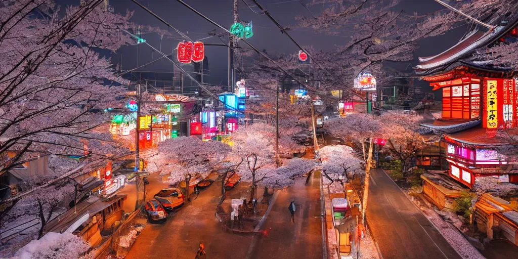 Image similar to a Japanese cyberpunk shrine, snowing, photograph,, sharp focus, intricate detail, drone shot, high resolution, 8k, neon streetlights, wires hanging down everywhere, Japan, colourful,,