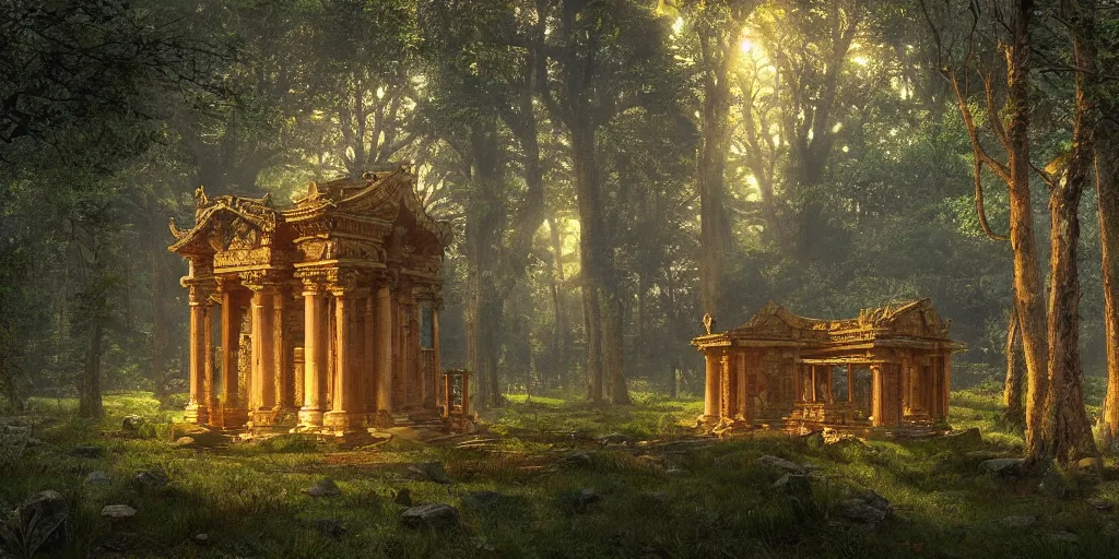 Prompt: Ancient temple lost in the heart of the forest belonging to the ancient goddess of earth and trees | dramatic light | cinematic lighting | sunshafts, volumetric lighting | golden hour | style of donato giancola