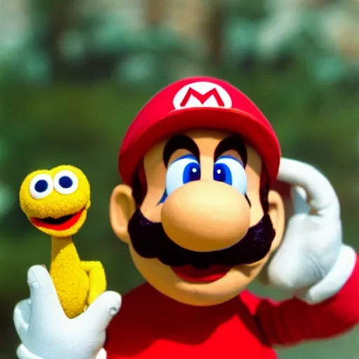 Prompt: mario as a friendly puppet, puppet by jim henson, still from sesame street, 4 k extremely detailed photography