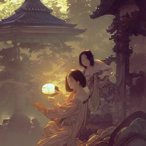 Image similar to painting of a yokai temple, intricate, elegant, highly detailed, digital painting, artstation, concept art, smooth, sharp focus, illustration, art by artgerm and greg rutkowski and alphonse mucha and william - adolphe bouguereau