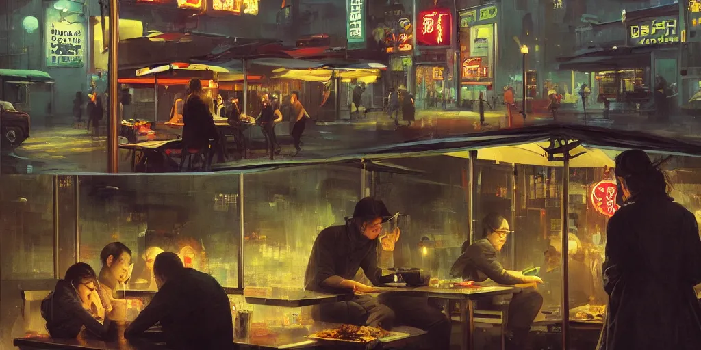 Prompt: people eating at street food noodle shop, chillwave, electronic billboards, tech noir, wet reflections, atmospheric, ambient, livia prima, greg rutkowski, edward hopper, pj crook