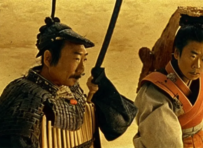 Image similar to a movie still of a samurai slicing through a loaf of bread by Akira Kurosawa