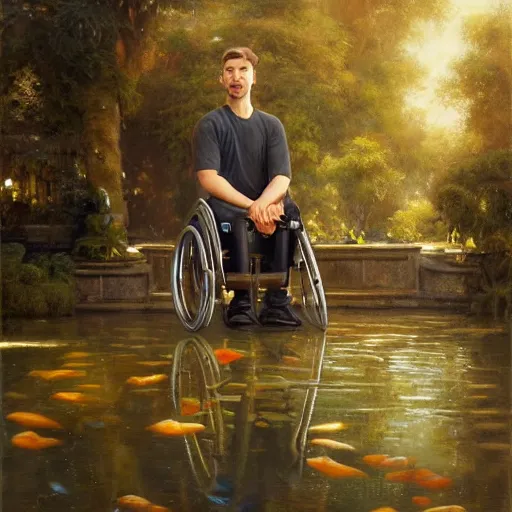 Prompt: handsome portrait of a wheelchair guy fitness posing, radiant light, caustics, war hero, smooth, one legged amputee, reflective water koi pond, lush garden surroundings, by gaston bussiere, bayard wu, greg rutkowski, giger, maxim verehin