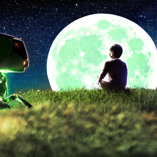 Prompt: Photo of a cyborg and his robo-dog sitting on the ground facing back on a far away planet at night looking at the galaxy to see a giant green moon