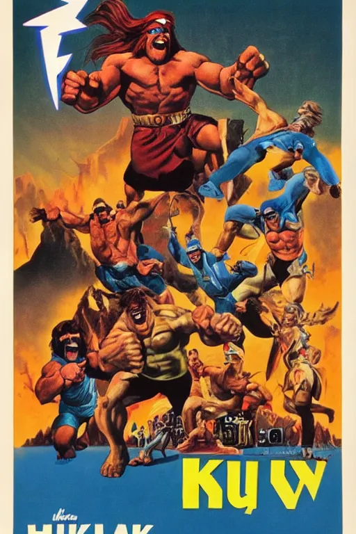 Image similar to vintage movie poster kulk kogan, hulk hogan, pointing dwarves, lightning, mountain, 1 9 8 2, drew struzan inspiration