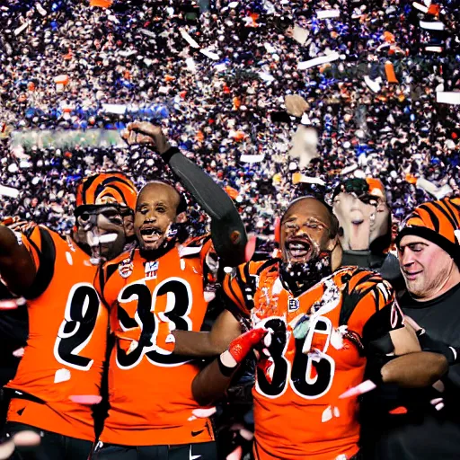 Prompt: the Cincinnati Bengals win the Lombardi trophy, confetti, 8k sports photography