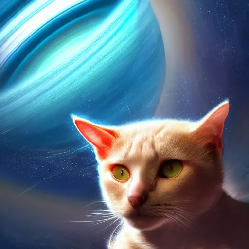 Image similar to A cat with beautiful blue eyes in a space suit jumping over the Saturn planet, digital illustration, concept art, 8k, trending on artstation, highly detailed