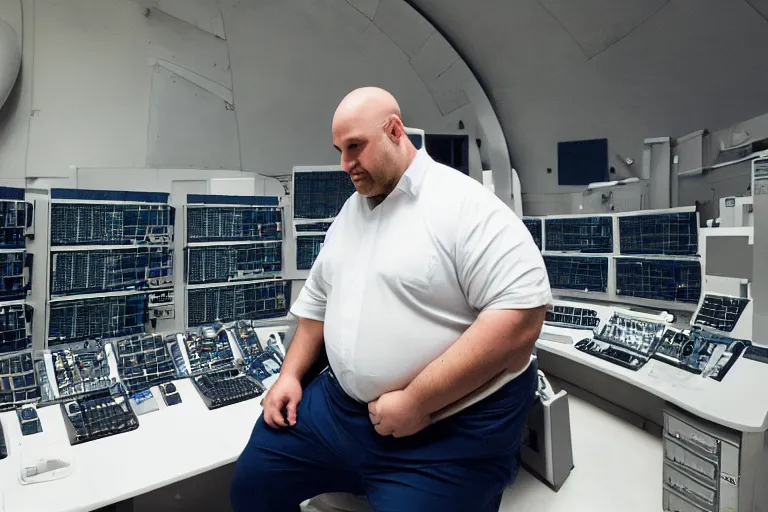 Image similar to heavyset bald man wearing a white shortsleeved shirt and blue jeans working in a nuclear silo control room by Emmanuel Lubezki