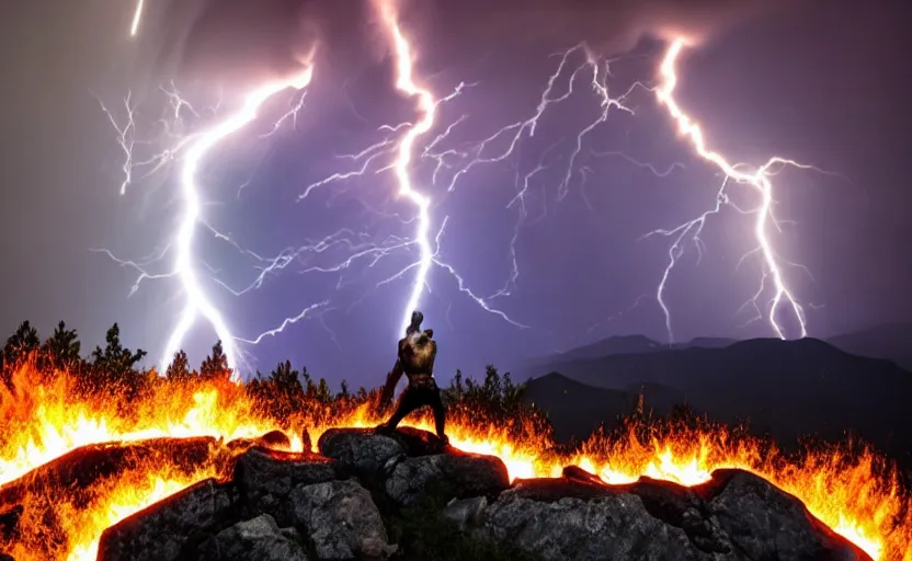 Prompt: gigachad fighting zeus on top of a mountain, fire, lightning, shockwave, explosion