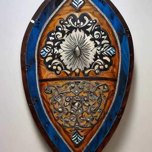 Image similar to impressive teardrop kite shield, made from hardwood A true work of mastery, as this shield was forged by summit dwarves in a storm workshop. The shield's edges are emblazoned with a thick metal lining and have been decorated with intricate metalwork. Its centre is garnished with symmetrical paintwork and zealous texts. It's clear this shield has been through numerous battles. Holes and cracks made by who knows what leave visible reminders of victory and loss, but one this is for sure: death will have to wait a little while longer.