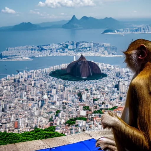 Image similar to high quality portrait of a monkey in front of Christ The Redeemer, studio photograph, photograph, realistic photo, 8k photo, 4k photo, stock photo, high resolution, cinematic shot, high detail