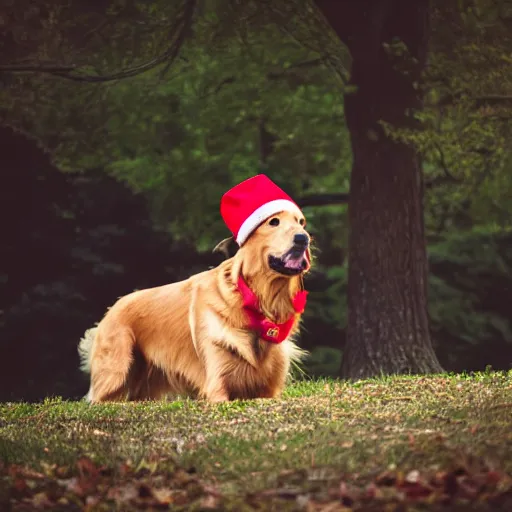 Image similar to photography of a golden _ retriever with a red cap, cinematic film, bokeh