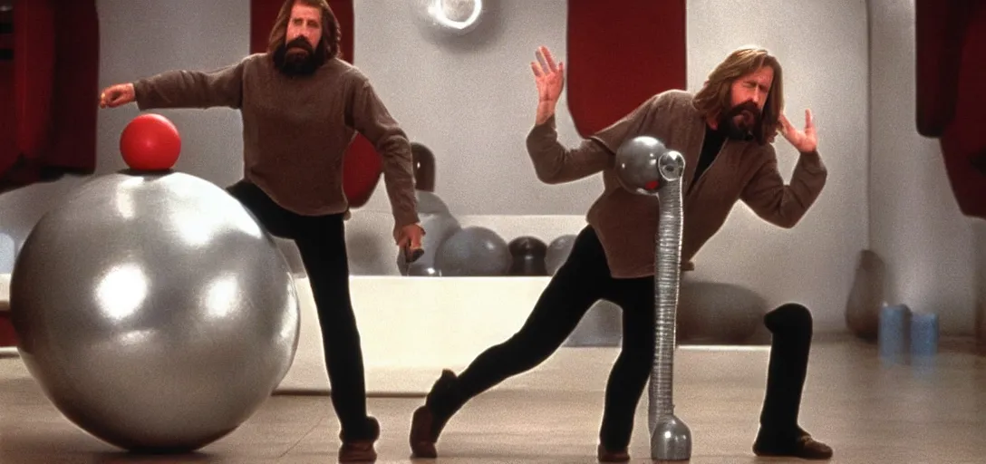 Image similar to the Big Lebowski as Luke Skywalker training on degobah levitating a bowling ball with the force