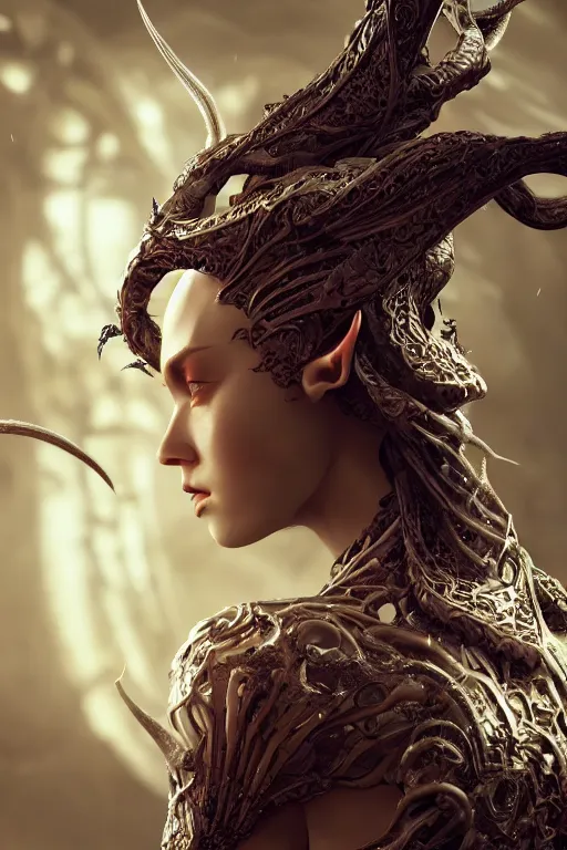 Image similar to beautiful biomechanical impish elven incredible hair, masterpiece crystalline incrustations, hyperdetailed face, elegant pose, movie still, intricate, octane render, cinematic lighting, cgsociety, unreal engine,