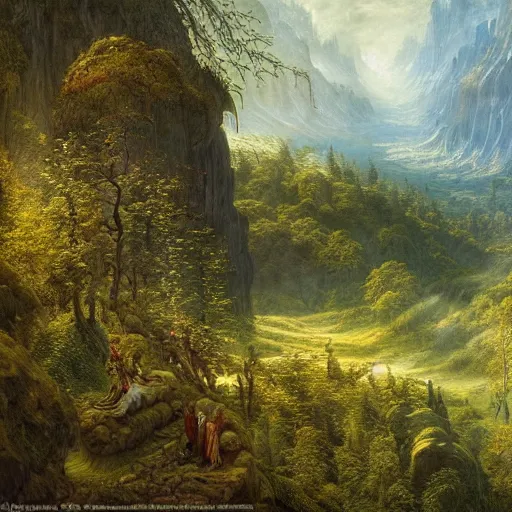 Image similar to a beautiful and highly detailed matte painting of a dreamy valley deep in the foresty mountains, intricate details, epic scale, insanely complex, 8 k, sharp focus, hyperrealism, very realistic, by caspar friedrich, james gurney, brian froud,