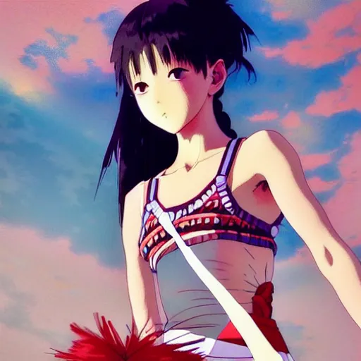 Image similar to a beautiful! boyish! ballerina alluring gravure! model, aztech street fashion oversized mayan tutu and leotard, with mayan patterns, gapmoe yandere grimdark, trending on pixiv fanbox, painted by greg rutkowski makoto shinkai takashi takeuchi studio ghibli, akihiko yoshida