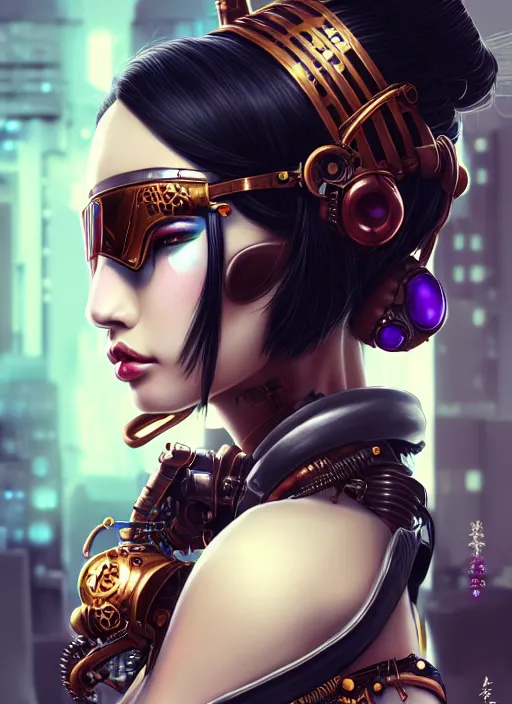 Image similar to soft lustrous ebony geisha seductive raver gutter punk steampunk cyborg, yakuza, golden ratio, details, scifi, fantasy, cyberpunk city, intricate, decadent, highly detailed, octane render, digital painting, artstation, concept art, sharp focus, illustration, art by artgerm, loish, wlop