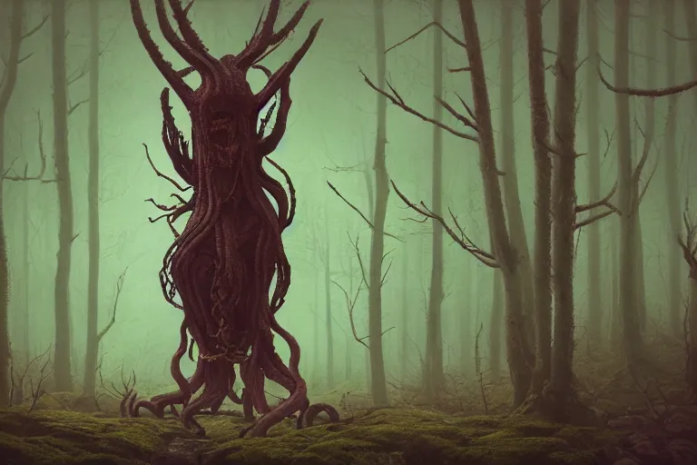 Image similar to creepy eldritch monster in a swedish forest, very low angle photograph, very detailed, trending on artstation, realistic, soft colors, simon stålenhag, lovecraft, horror