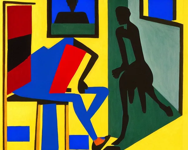 Prompt: a painting of a person sitting in a room, an art deco painting by Jacob Lawrence, featured on pixiv, vorticism, constructivism, surrealist, cubism