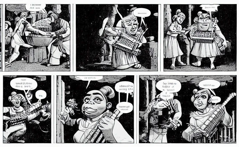 Prompt: shrek competes with princess leia in an accordion contest, aggressive expressions, dramatic lighting, by moebius,