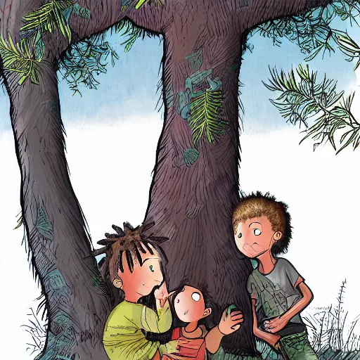 Image similar to a small small boy peeking behind a tree in a forest. The boy is watching two other boys with dreadlocks hair who are hiking, digital art, extra-detailed