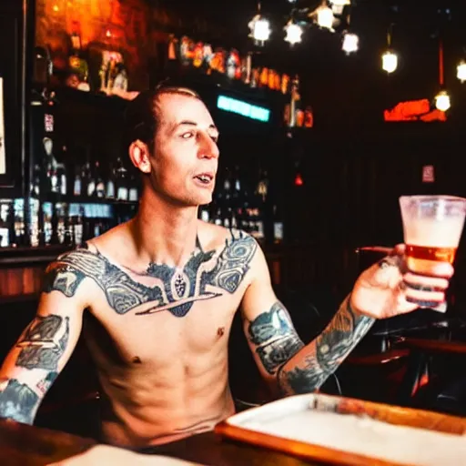 Prompt: skinny white male with american traditional tattoos getting drunk at the dive bar, cinematic lighting, 4 k,