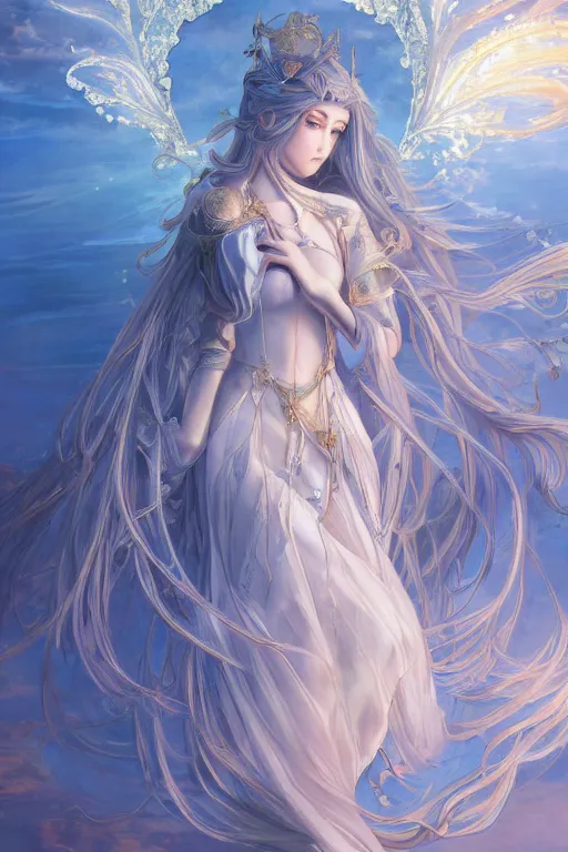 Image similar to breathtaking detailed anime painting of a knight queen with long flowing blue hair, pastel flower petals flying, at dawn in front of a pristine golden art nouveau cathedral, art by pilyeon, elegant, volumetric lighting, highly detailed, artstation, concept art, matte, sharp focus,