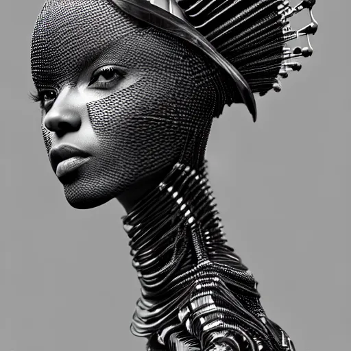 Image similar to portrait of an absurdly beautiful, graceful, sophisticated, fashionable black cyberpunk mechanoid gravure idol, ultrafine hyperdetailed illustration by irakli nadar, matt wisniewski style, marvel comics, intricate linework, ebony skin, neon jellyfish headdress, ivory carved ruff, unreal engine 5 highly rendered, global illumination, radiant light, detailed and intricate environment