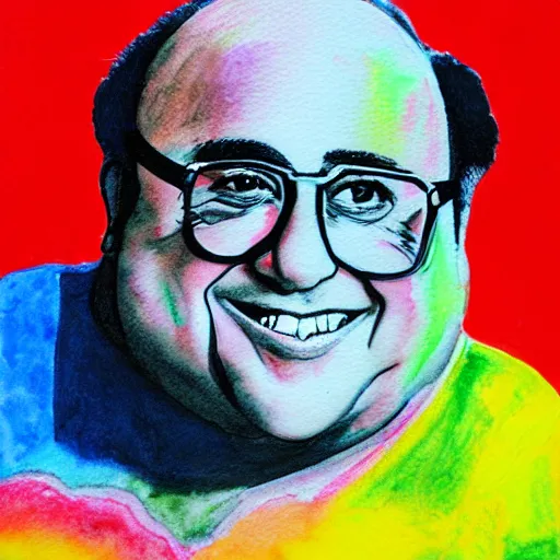 Image similar to a childrens drawing of danny devito, crayon art, watercolor, markers, high quality, high resolution