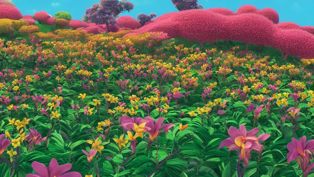 Prompt: digital illustration of a field of multi - colored megaflora frangipani flowers by dr. seuss, reimagined by ilm and beeple : 1 | spectral color, electric color, rolling hills : 0. 9 | fantasy : 0. 9 | unreal engine, deviantart, artstation, hd, 8 k resolution : 0. 8