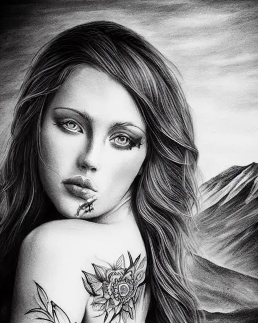 Image similar to tattoo design sketch of a beautiful blue - eyed woman face with a faded background of beautiful mountains on her side, hyper - realistic, in the style of den yakovlev, amazing detail, black and white