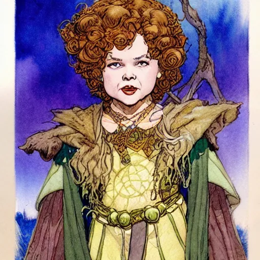 Image similar to a realistic and atmospheric watercolour fantasy character concept art portrait of shirley temple as a druidic warrior wizard looking at the camera with an intelligent gaze by rebecca guay, michael kaluta, charles vess and jean moebius giraud