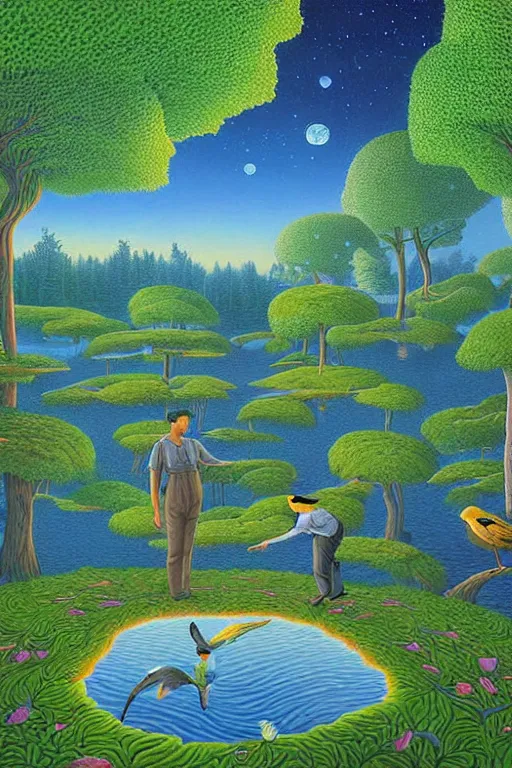 Image similar to looking straight on forest with twisting fantasy tress and pond with birds, Digital Matte Illustration by rob Gonsalves