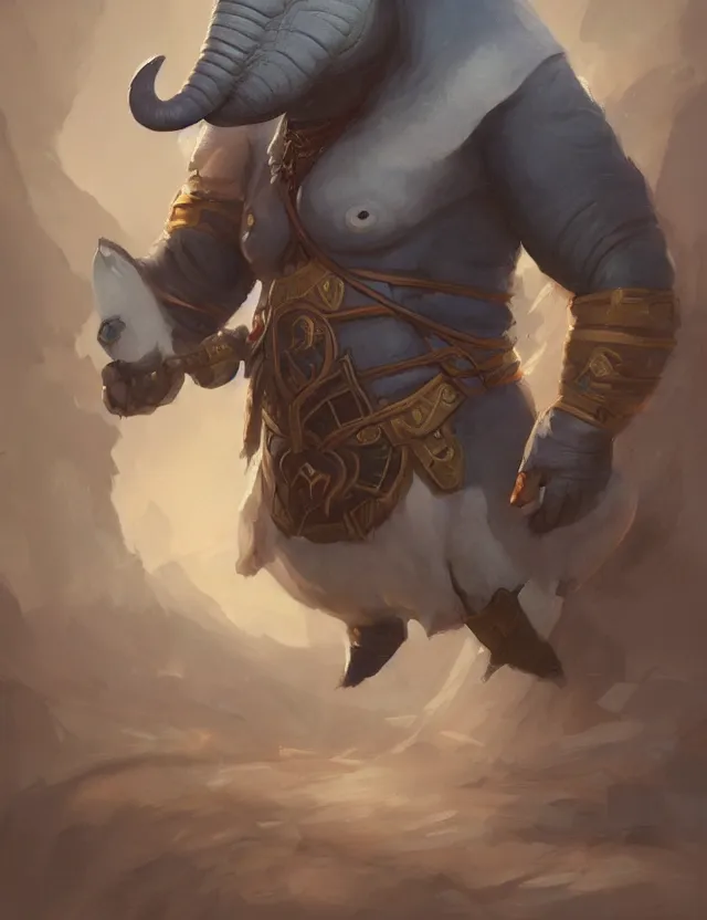 Image similar to portrait painting of a loxodon character wearing bard costume, dnd 5 e, trending on artstation, masterpiece, by ross tran and by greg rutkowski